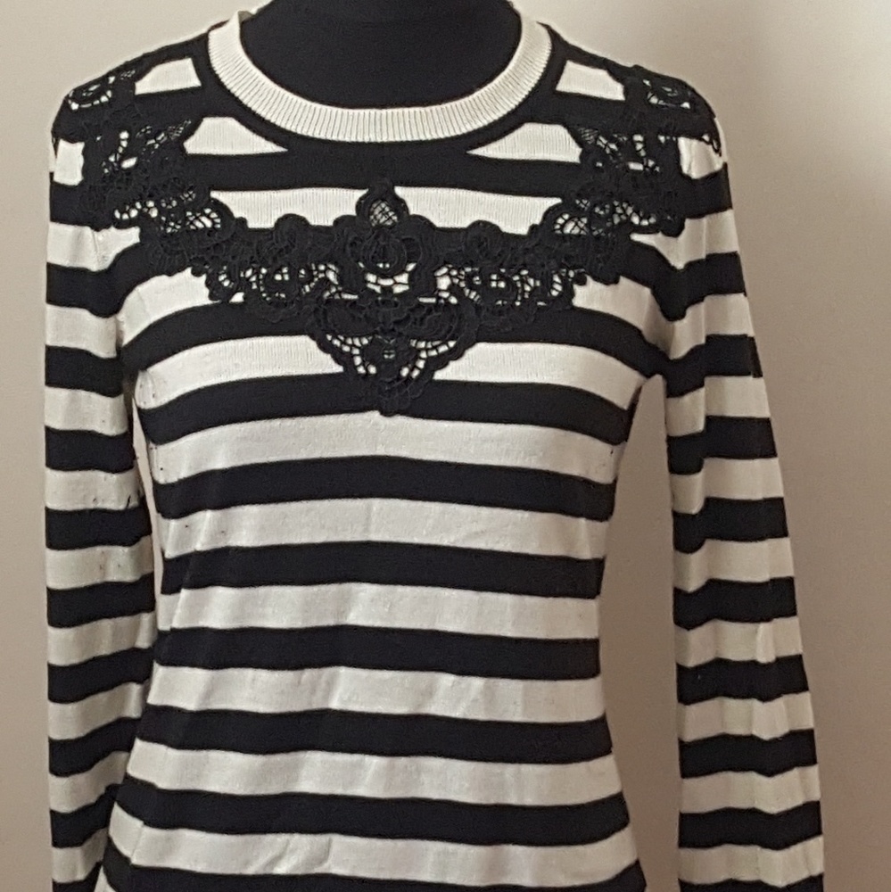 Vince Camuto Sweater Striped Black & Tan w/ Lace
